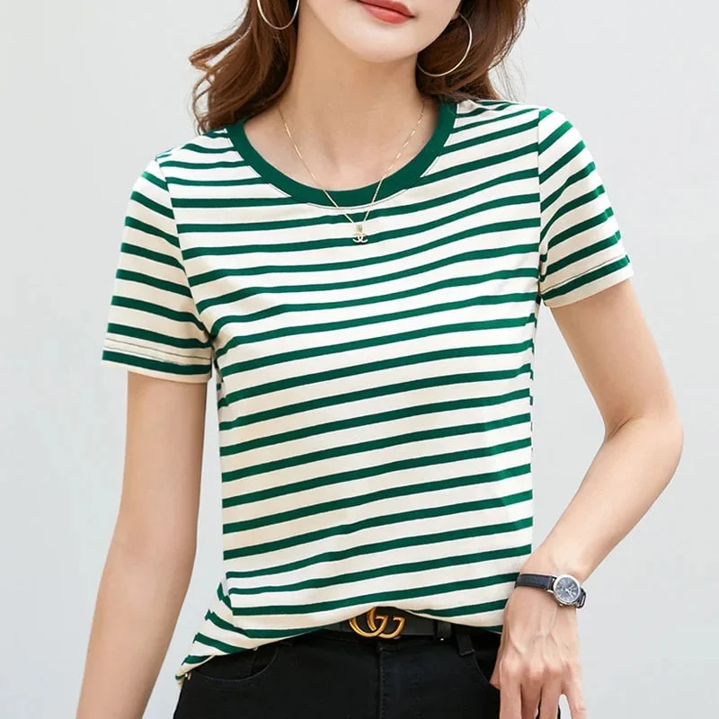 Women's Cotton Summer Stripped Shirts Casual Oversized Short Shirt