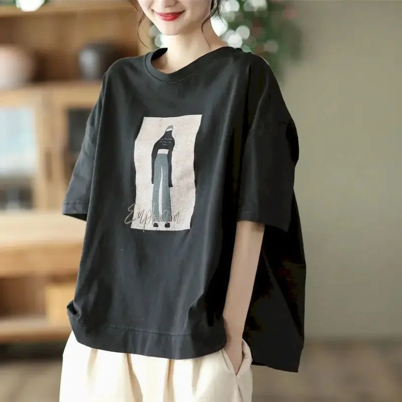 Women Cartoon Print 100% Cotton Loose T Shirt Casual Button-Up Short Tee