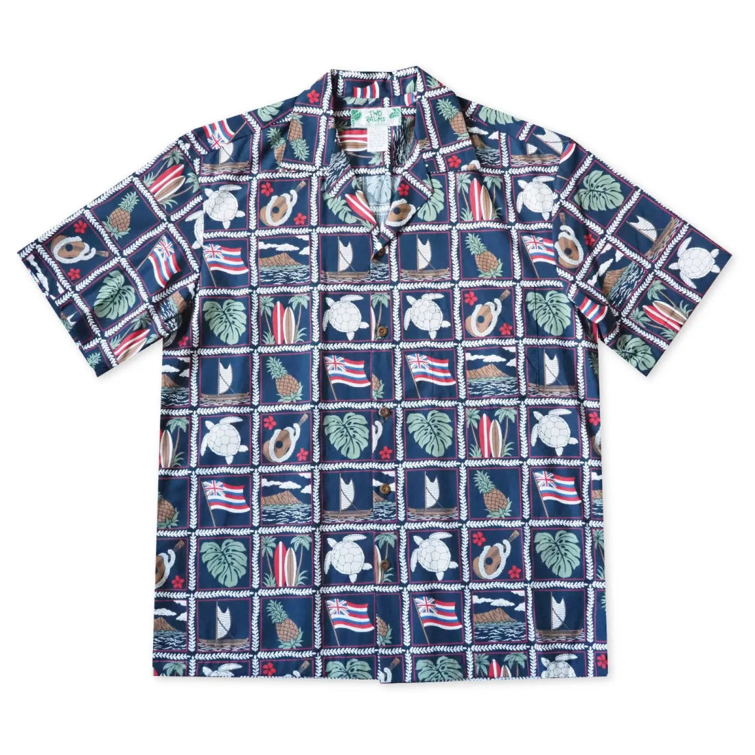 50th State Navy Blue Hawaiian Cotton Shirt Elegant Draped Short Shirt