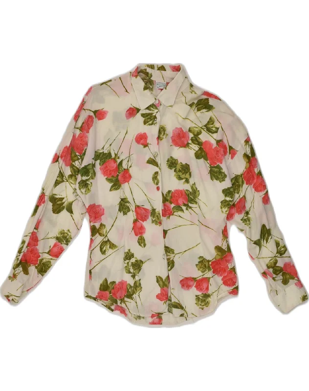 BENETTON Womens Shirt Blouse IT 44 Medium White Floral Casual Ruffle Short Shirt