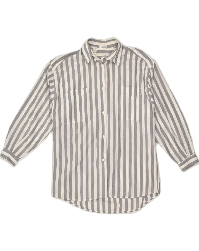 BENETTON Womens Shirt UK 10 Small Grey Striped Cotton Classic Basic Short Shirt