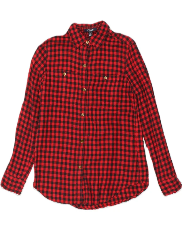 CHAPS Womens Shirt UK 10 Small Red Check Cotton Relaxed Cotton Short Blouse