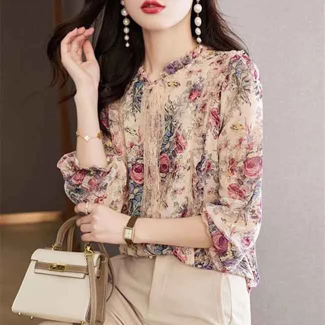 Chiffon Shirt Women's Embroidered Bow Print Top Women's High-end Shirt Casual Cotton Short Shirt