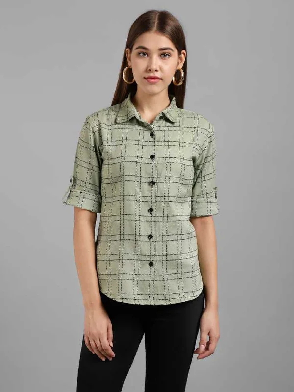 TANDUL  Women Regular Fit Checkered Formal Shirt Stylish Striped Short Sleeve