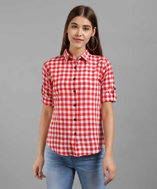 TANDUL  Women Regular Fit Self Design, Checkered Casual Shirt Fashionable Draped Short Sleeve