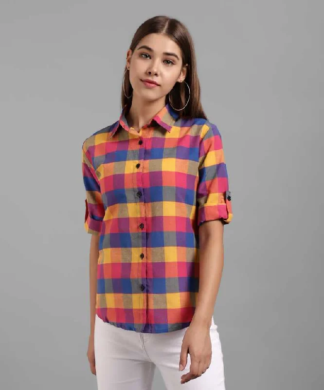 TANDUL  Women Regular Fit Self Design, Checkered Casual Shirt Trendy Print Short Sleeve