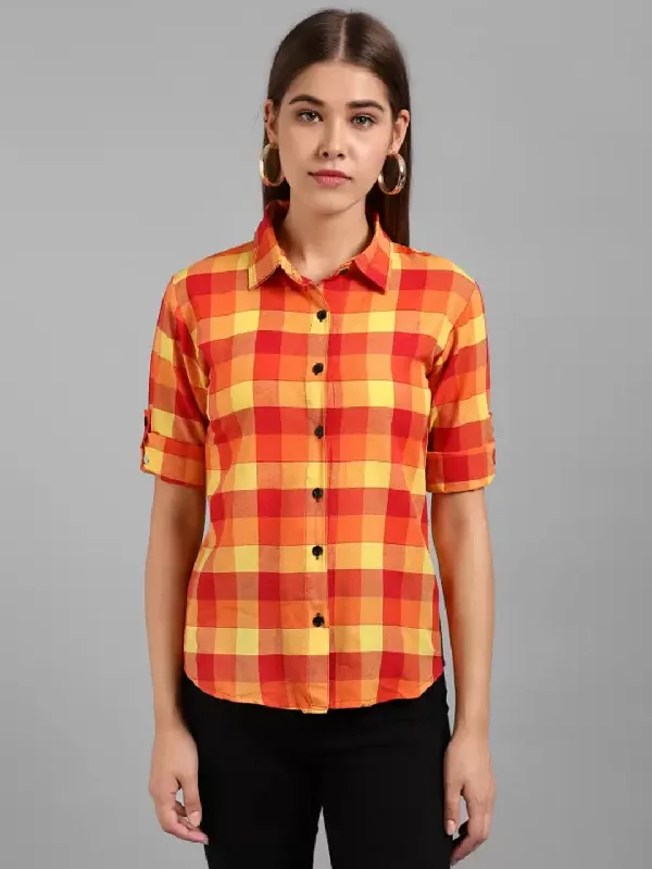 TANDUL  Women Regular Fit Self Design, Checkered Spread Collar Casual Shirt Classic Cropped Short Sleeve