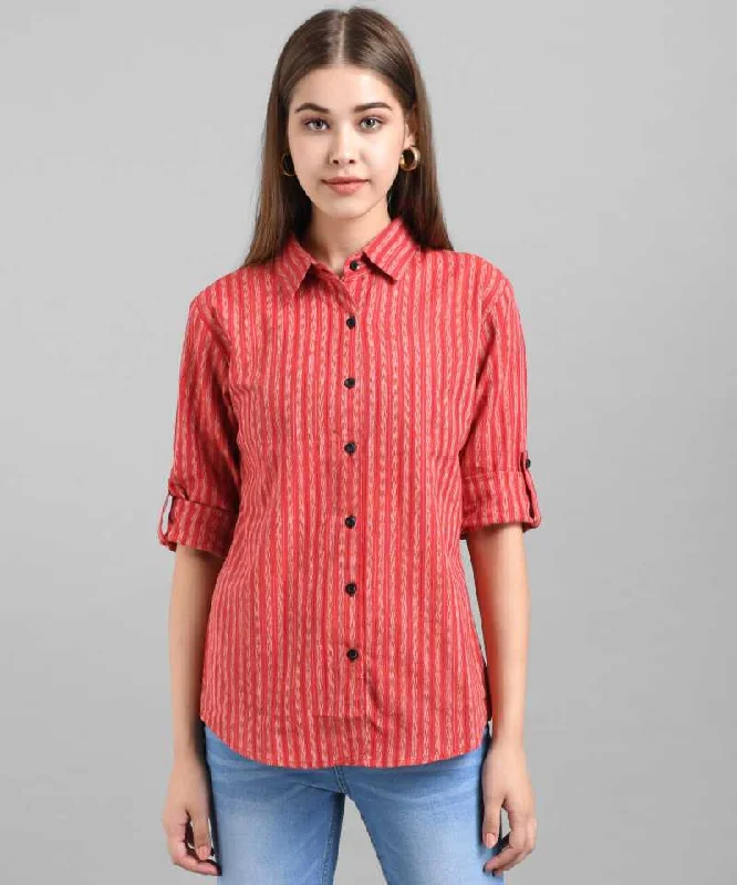 TANDUL  Women Regular Fit Striped Casual Shirt Elegant Lace Short Sleeve