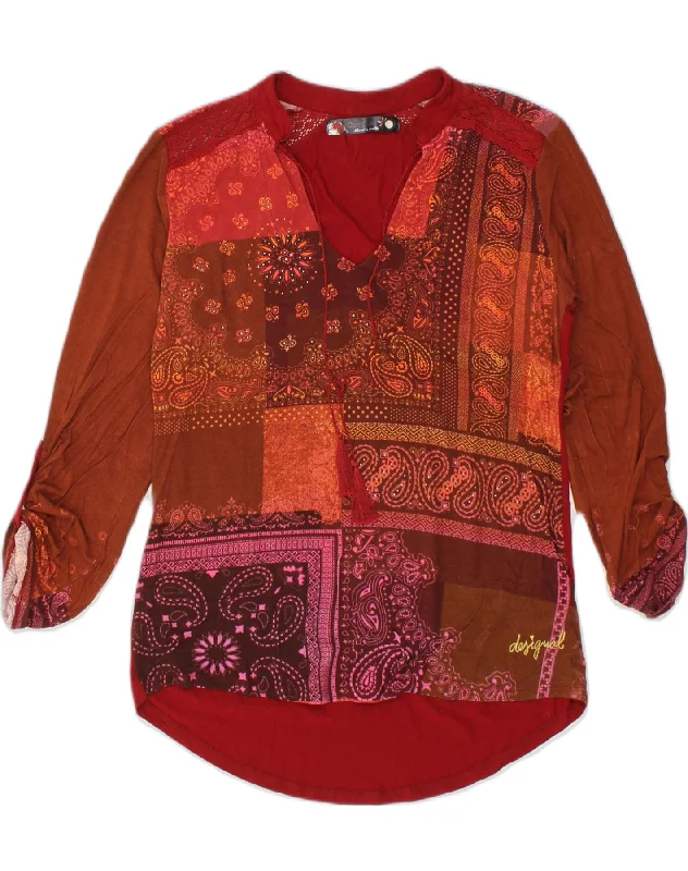 DESIGUAL Womens Shirt Blouse UK 14 Large Red Patchwork Viscose Trendy Summer Short Sleeve