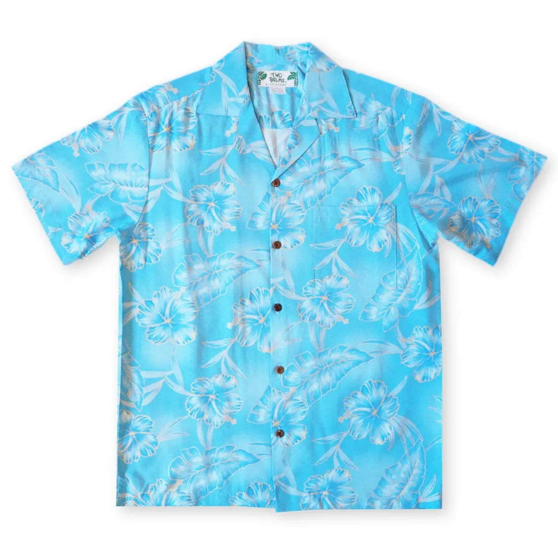 Hibiscus Hideaway Blue Hawaiian Rayon Shirt Classic Short Sleeve Blouse