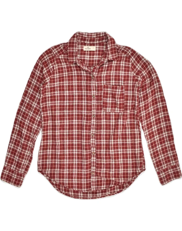 HOLLISTER Womens Shirt UK 10 Small Maroon Check Cotton Casual Slouchy Short Sleeve