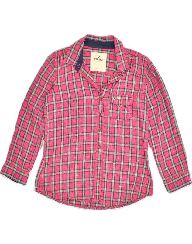 HOLLISTER Womens Shirt UK 10 Small Pink Check Cotton Stylish Short Sleeve Top