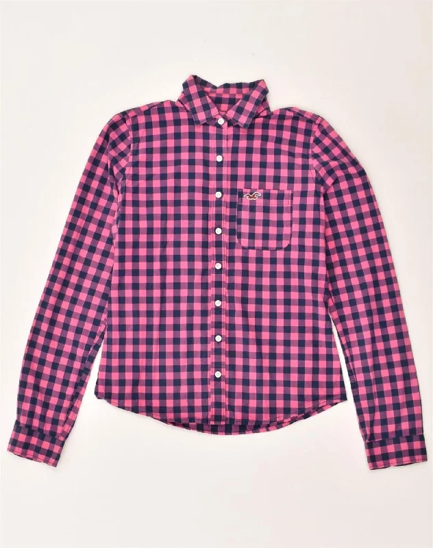 HOLLISTER Womens Shirt UK 6 XS Pink Check Cotton Relaxed Fit Short Shirt