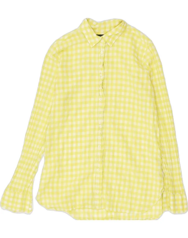 J. CREW Womens Shirt US 6 Medium Yellow Check Cotton Modern Casual Short Sleeve