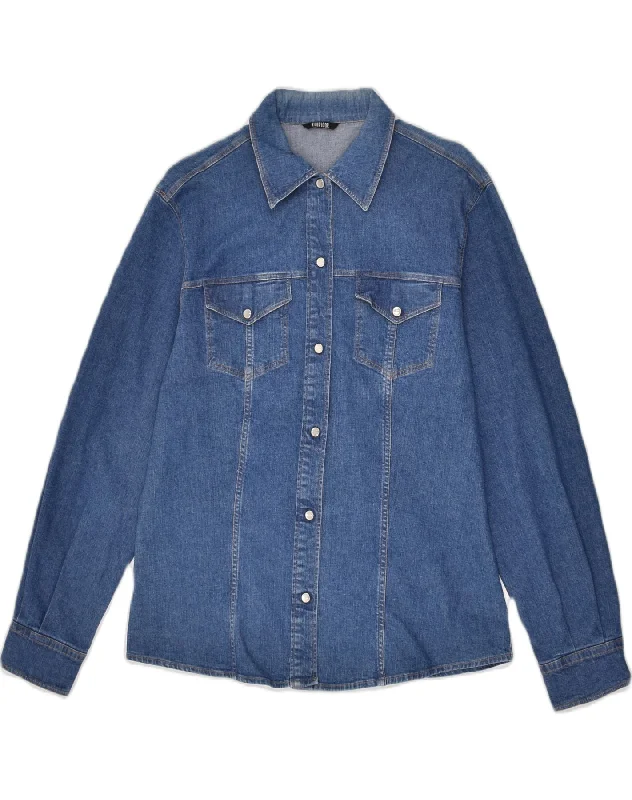 KILLER LOOP Womens Denim Shirt UK 14 Large Blue Cotton Elegant High-Low Short Shirt