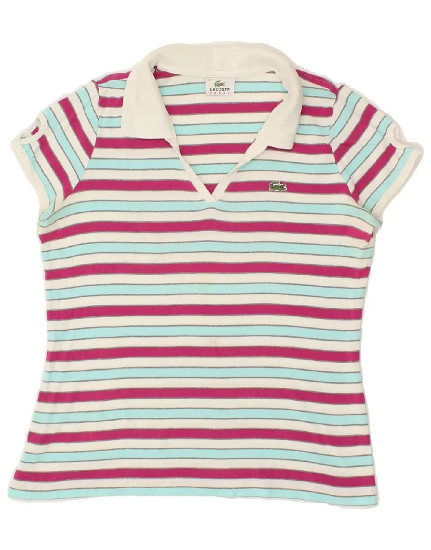 LACOSTE Womens Polo Shirt Size 42 Large Multicoloured Striped Cotton Relaxed Cotton Short Shirt