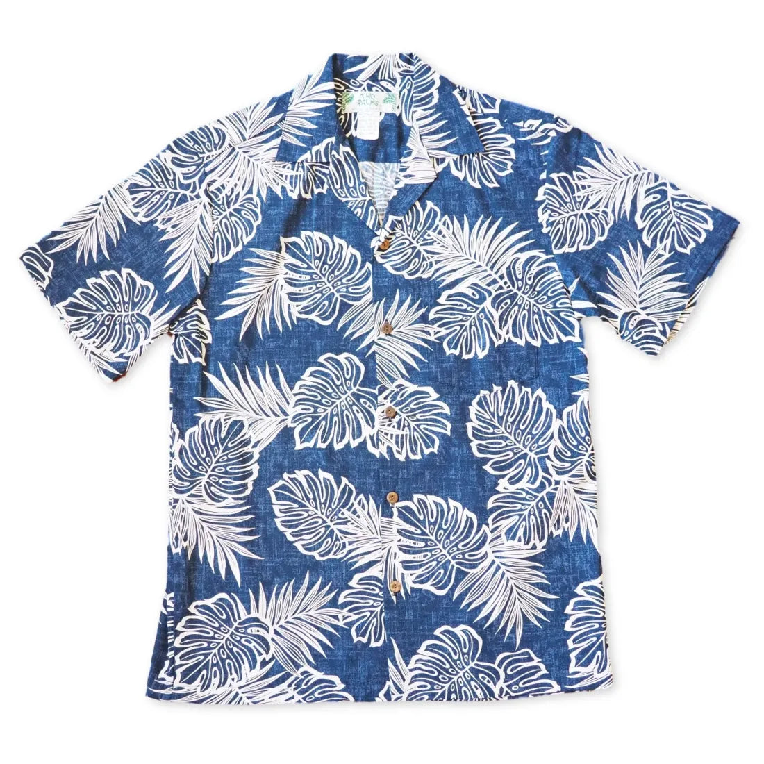 Leaf Navy Blue Hawaiian Cotton Shirt Classic Cropped Short Sleeve