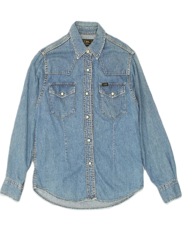 LEE Womens Denim Shirt UK 10 Small Blue Cotton Fashionable Pleated Short Shirt