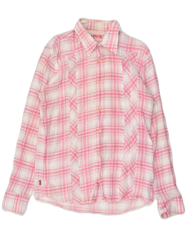 LEVI'S Womens Shirt UK 14 Large Pink Check Cotton Relaxed Cotton Short Shirt