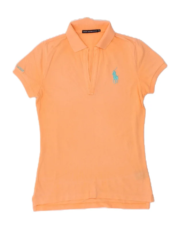 RALPH LAUREN Womens Polo Shirt UK 10 Small Orange Cotton Elegant Off-Shoulder Short Shirt