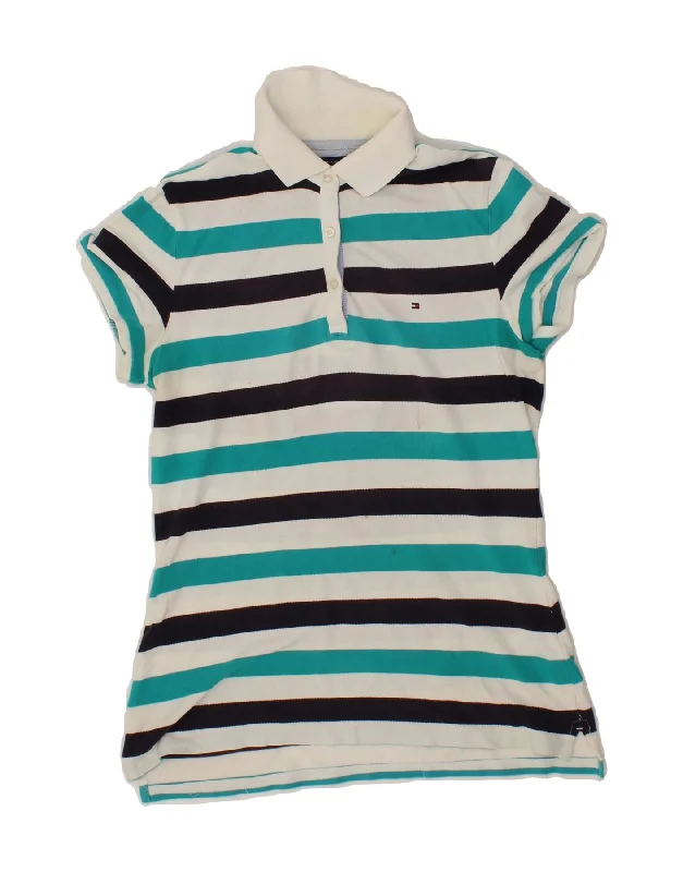 TOMMY HILFIGER Womens Polo Shirt UK 12 Medium Blue Striped Stylish Striped Short Sleeve