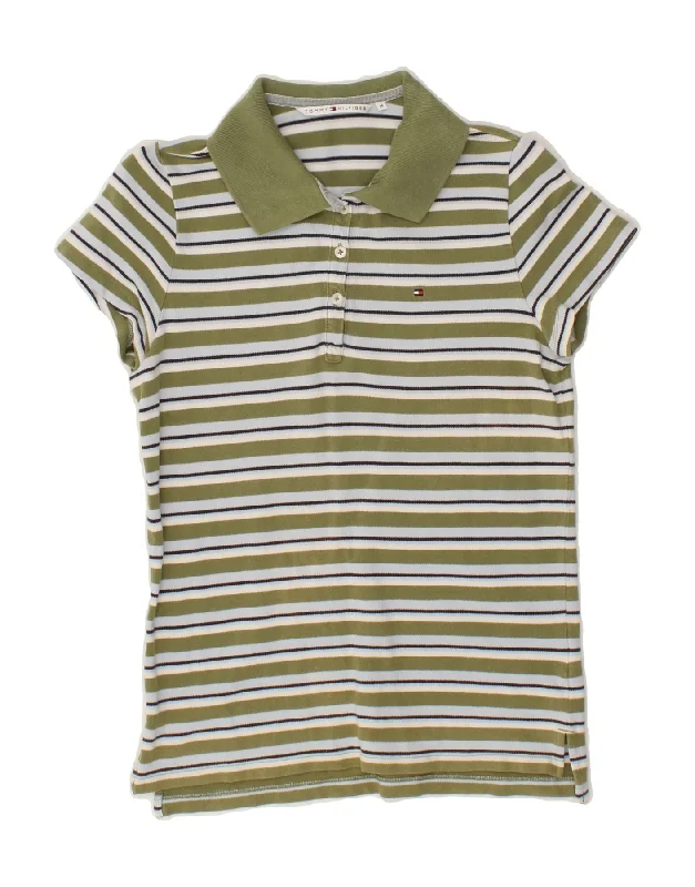 TOMMY HILFIGER Womens Polo Shirt UK 12 Medium Green Striped Cotton Relaxed Fit Short Blouse