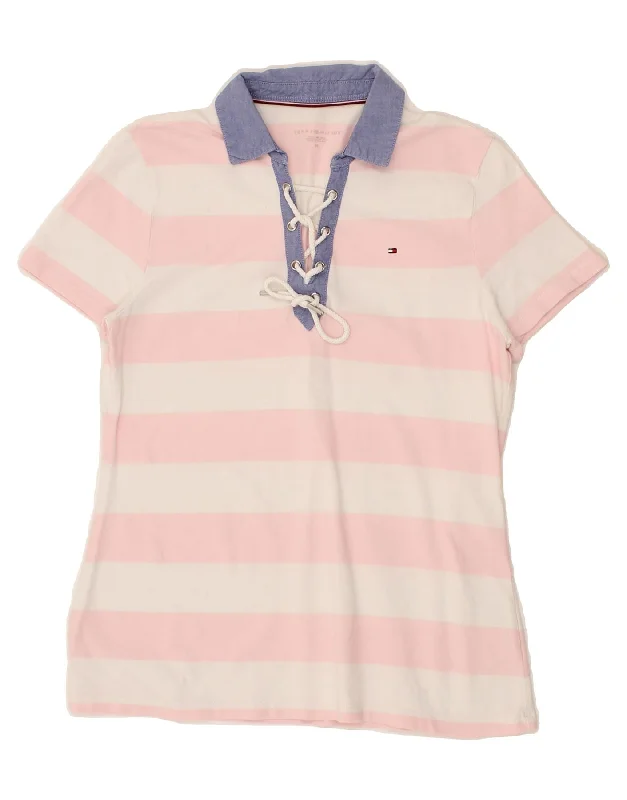 TOMMY HILFIGER Womens Polo Shirt UK 12 Medium Pink Striped Cotton Casual Ruffle Short Shirt