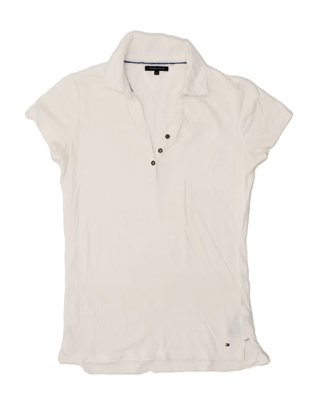 TOMMY HILFIGER Womens Polo Shirt UK 12 Medium White Cotton Stylish Split-Hem Short Shirt