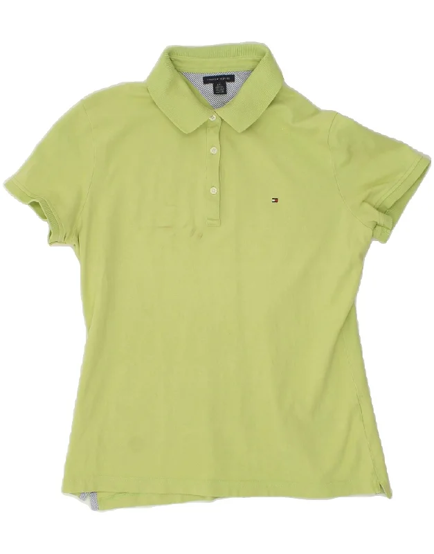 TOMMY HILFIGER Womens Polo Shirt UK 14 Large Green Cotton Elegant Lace-Trimmed Short Shirt