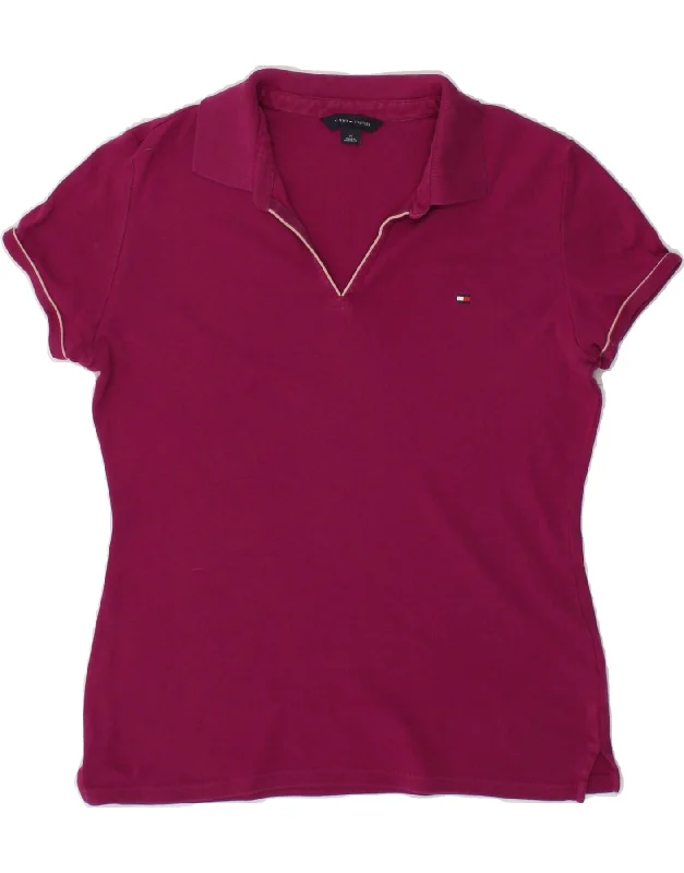 TOMMY HILFIGER Womens Polo Shirt UK 14 Medium Pink Cotton Stylish Crew Neck Shirt