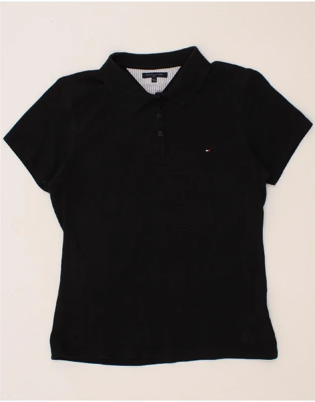 TOMMY HILFIGER Womens Polo Shirt UK 18 XL Black Cotton Trendy Ruffled Short Sleeve