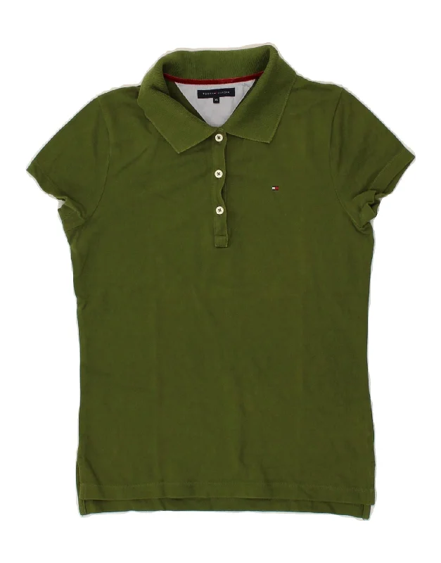 TOMMY HILFIGER Womens Polo Shirt UK 6 XS Green Cotton Trendy Floral Short Sleeve