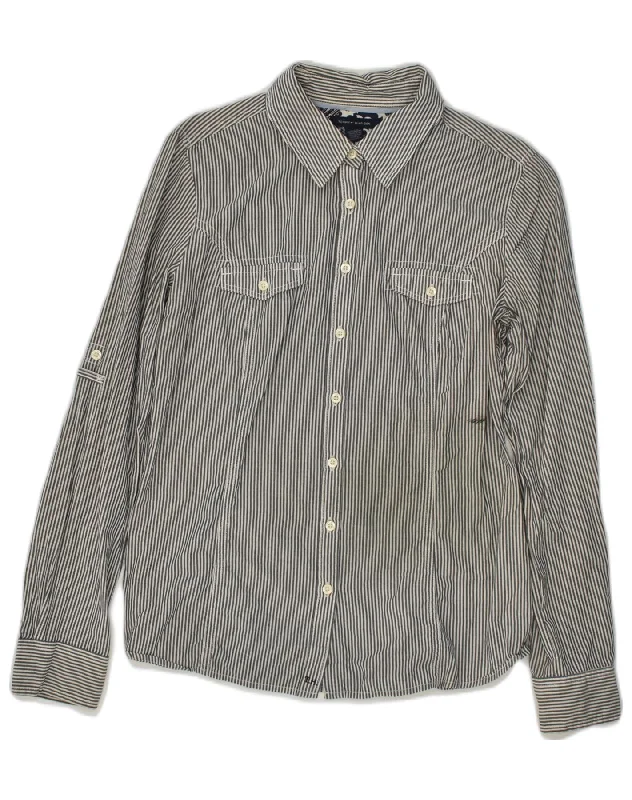 TOMMY HILFIGER Womens Shirt UK 8 Small Grey Pinstripe Cotton Comfortable Graphic Short Sleeve