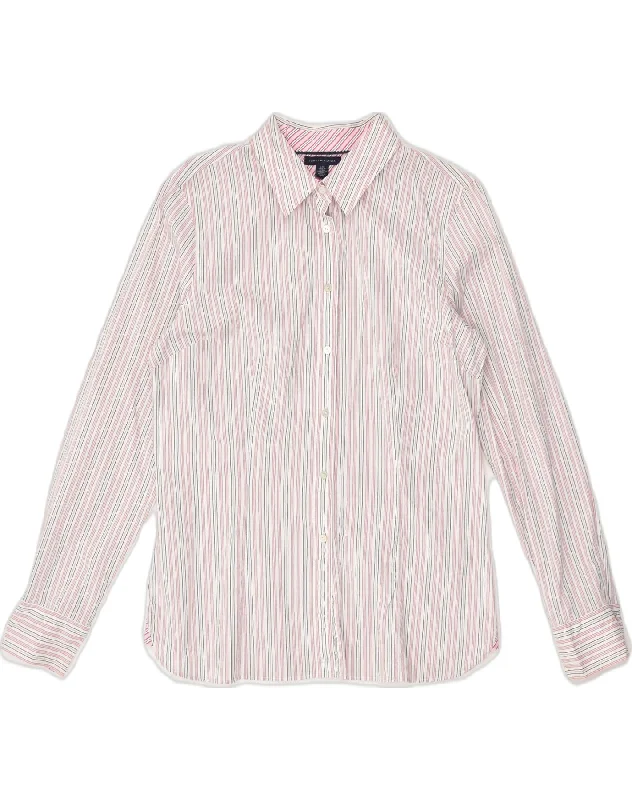 TOMMY HILFIGER Womens Shirt US 10 Large Beige Striped Cotton Fashionable Short Sleeve Shirt