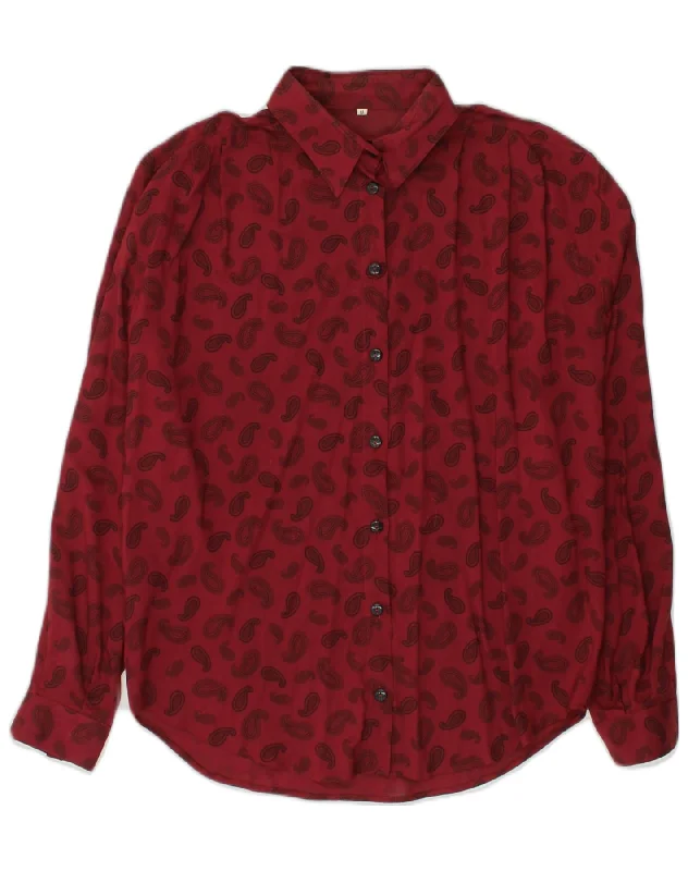 VINTAGE Womens Shirt UK 14 Medium Red Paisley Viscose Cozy Plain Short Sleeve