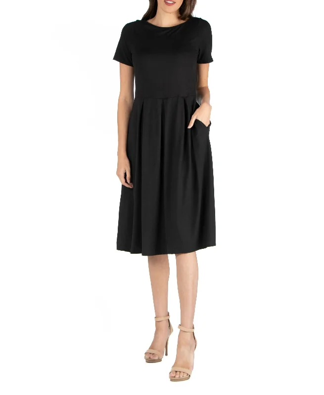 24seven Comfort Apparel Midi Dress With Short Sleeves Pocket Detail Elegant Pleated Detail Midi Dress