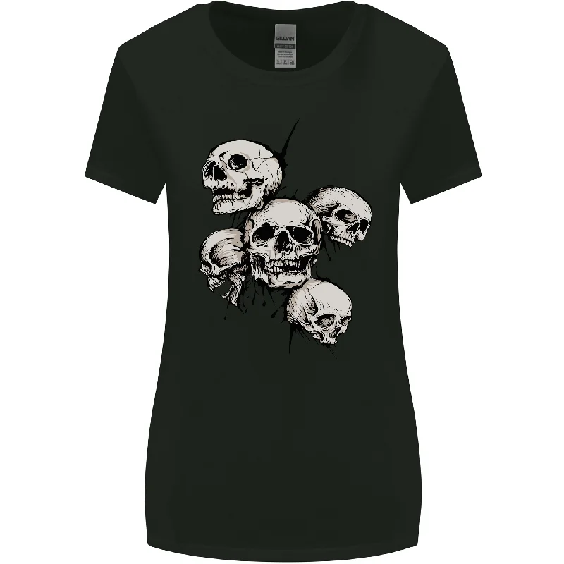 5 Skulls Demons Biker Gothic Heavy Metal Womens Wider Cut T-Shirt Solid Print Embellished