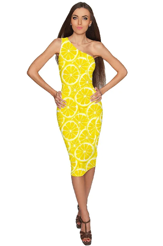 A Piece of Sun Layla Yellow One-Shoulder Bodycon Midi Dress - Women Comfortable Casual Midi Dress