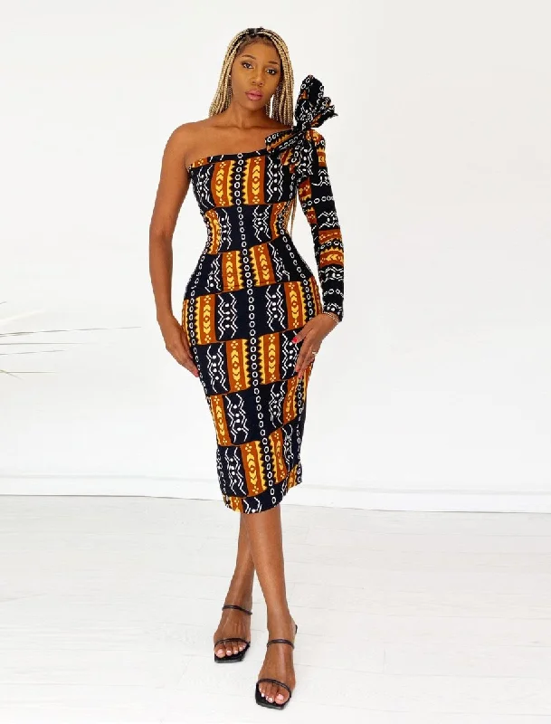 African Print Kimba Midi Dress Trendy Smocked Waist Midi Dress