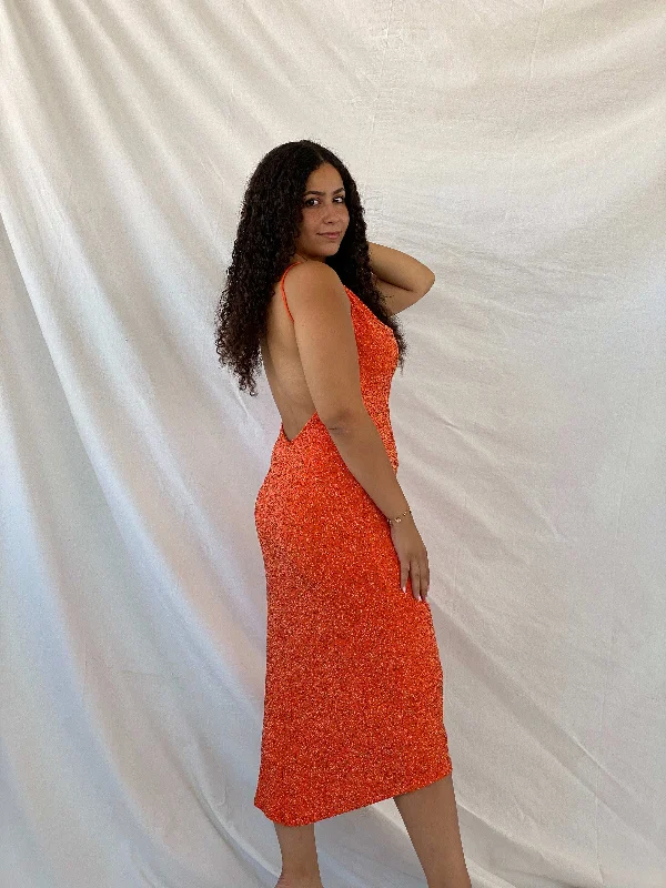 Stunning Alexia Admor Beaded Hot Orange Backless Midi Dress - L Chic Lace Detail Midi Dress