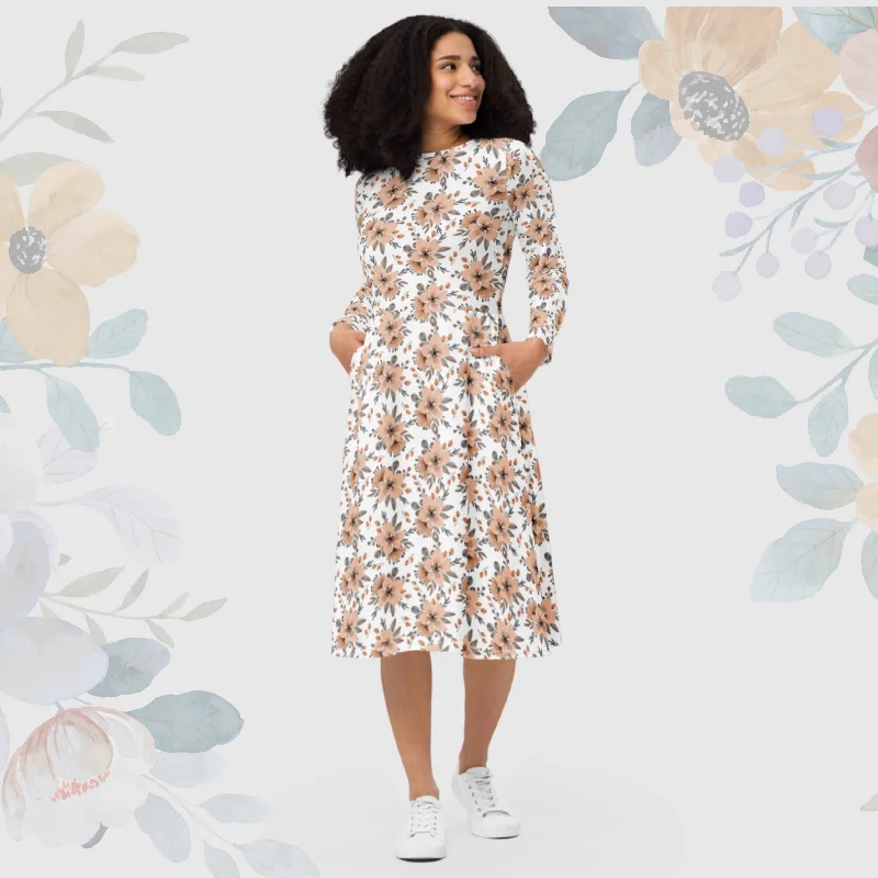 Women's Flower Pattern Long Sleeve Midi Dress with Pockets Cozy T-shirt Midi Dress