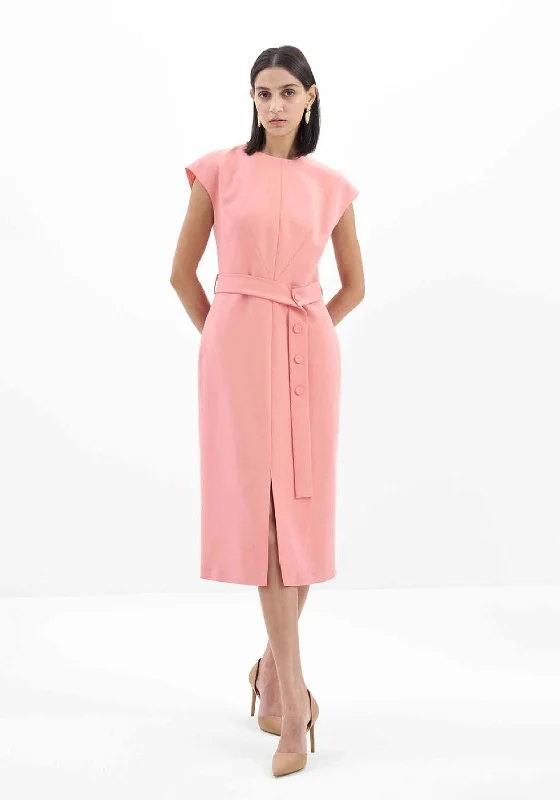 Birélin Button Fasten Belt Midi Dress, Apricot Chic Off-Shoulder Midi Dress