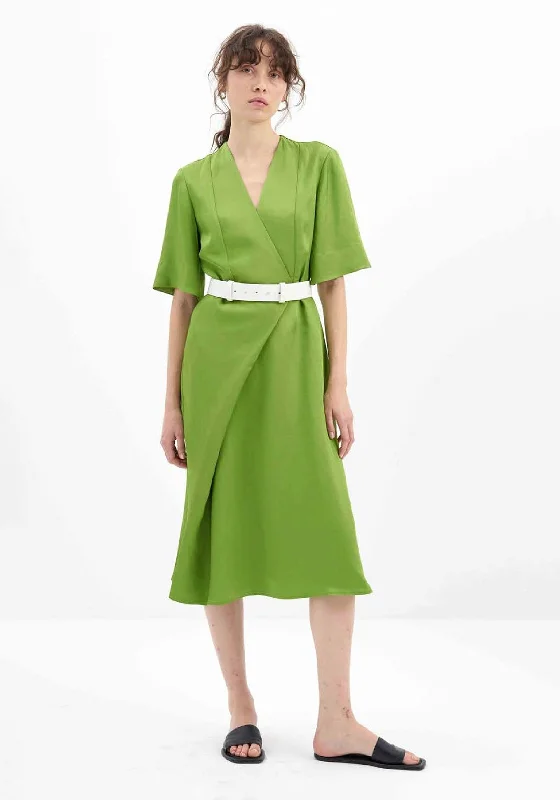 Birélin Mock Wrap A-Line Midi Dress, Green Trendy Smocked Detail Midi Dress