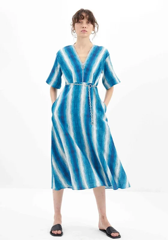 Birélin Half Zip Printed A-Line Midi Dress, Blue Elegant Floral Midi Dress