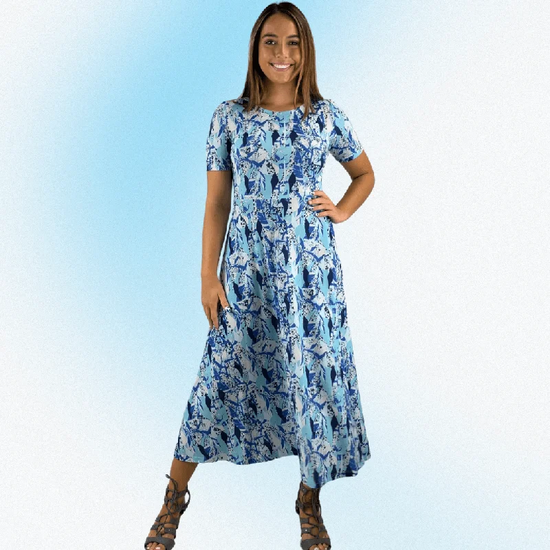 Shades of Blue Geometric Midi Dress Comfortable Deep V Midi Dress