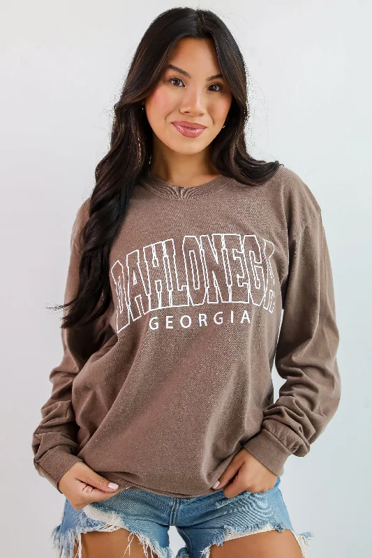 Brown Dahlonega Georgia Block Letter Long Sleeve Tee Real Fur Shearling Chenille