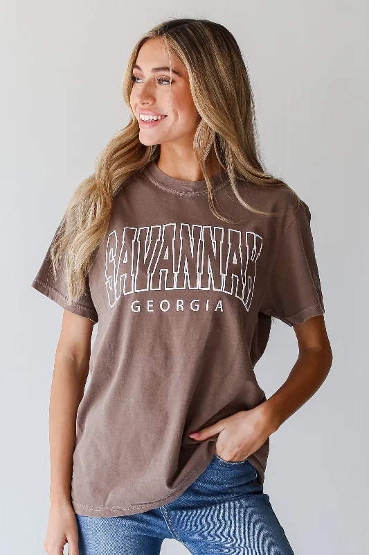 Brown Savannah Georgia Tee Solid Print Embellished