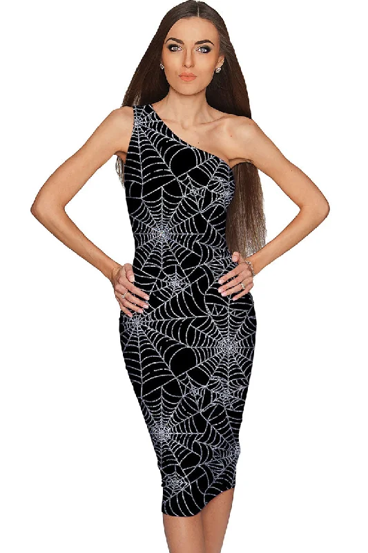 Bugs & Kisses Layla Black Spider Web Print Bodycon Midi Dress - Women Stylish Halter Neck Midi Dress