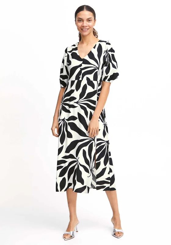 B.Young Janina Satin Palm Print Midi Dress, Black & White Comfortable Wrap Midi Dress