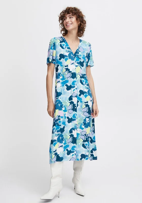 B.Young Joella Watercolour Inspired Buttoned Midi Dress, Angel Blue Stylish Halter Neck Midi Dress